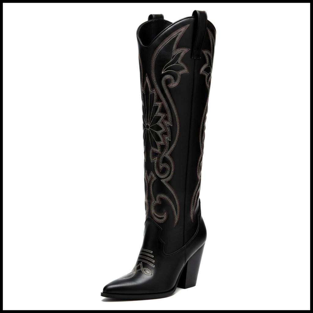 Knee High Cowboy Boots Embroidered Chunky Heel Western Retro Elegant